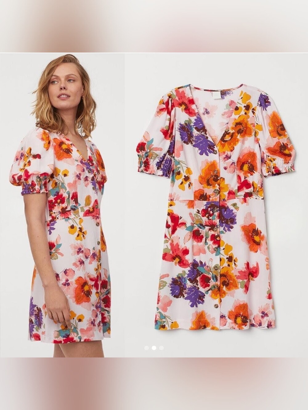 H&M Orange Romantic Floral V-Neck Puff Sleeve Button Front Vacation Mini Dress M